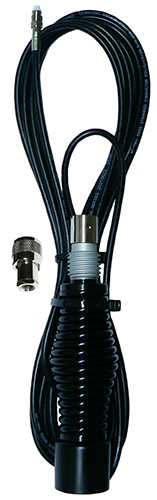UHF bulkhead topped small black ‘barrel’ spring with FME female teminated 5m RG58 cable assembly and FME male to UHF male adaptor